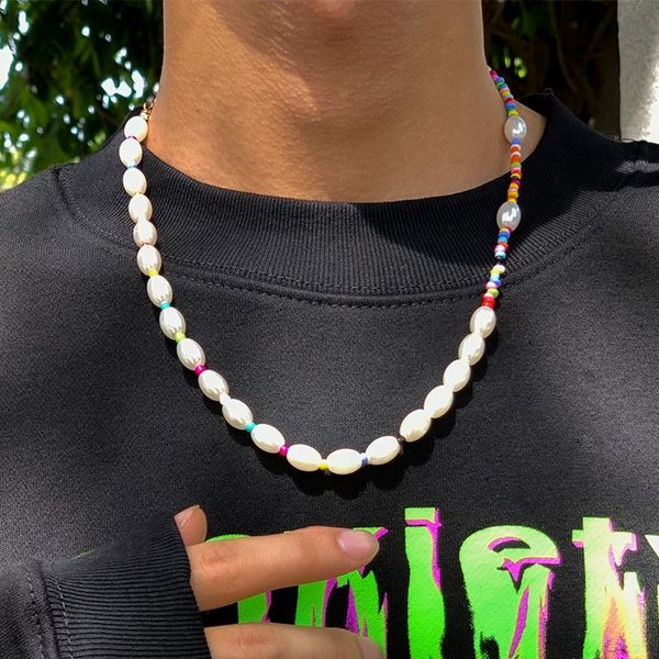 

chains ingemark kpop oval pearl choker necklace for women boho male rainbow color beads chain necklaces collar halloween y2k jewelry, Silver
