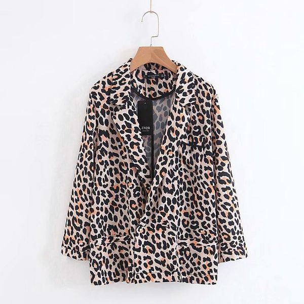 

women's suits & blazers vintage leopard print blazer pockets notched collar long sleeve coat female outerwear fashion casaco feminine, White;black
