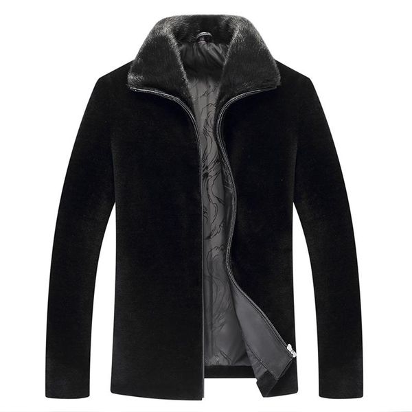 

men's leather & faux real fur coat men jacket winter sheep shearing thick wool mink collar short jackets xxxxl kj818, Black
