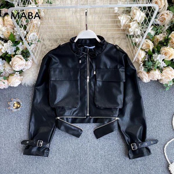 

women's leather & faux fashion designer jacket autumn winter women stand collar long sleeve zipper black pu moto short coat