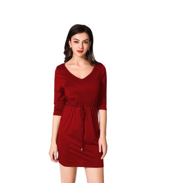 

casual dresses 2021 summer v-neck dress solid color fashion three-quarter sleeve high straight lace vestidos de mujer, Black;gray