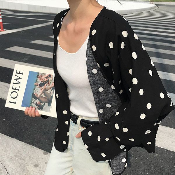 

2021 new polka dot black kimono cardigan korean linen women clothes blouse femme autumn 55k4, White