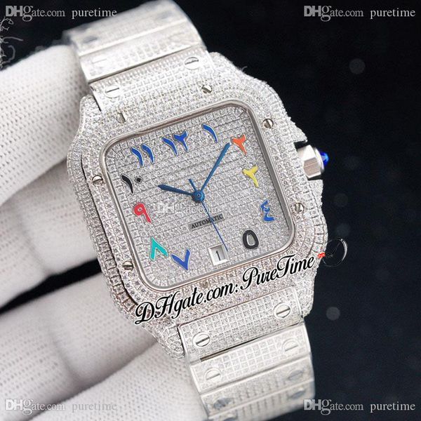 TWF pavimentada pavimentada Diamantes Dial Dial ETA A2824 Automatic Mens Relógio Cores Árabe Script Totalmente Gelado de Diamante Comutador Rápido Pulseira Super Edição Puretime 1213B2