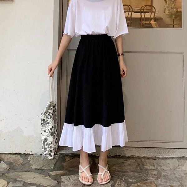 

skirts 2021 high waist chiffon a-line skirt mid length women's summer stitching loose show thin versatile trend, Black