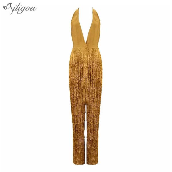 Senhoras de verão Jumpsuit Bandage Amarelo Tassel Bodycon Club V-Neck Party Sexy Spandex 210527