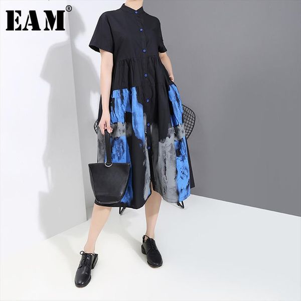 

[eam] black pattern printed womens dress stand collar short sleeve loose fit fashion tide spring autumn 1t451, Black;gray
