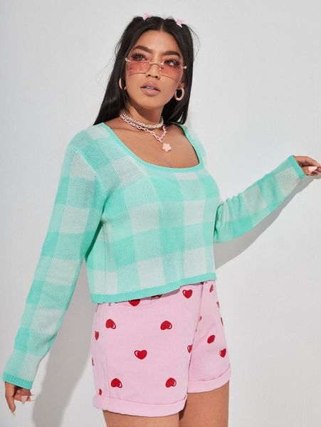 

plus buffalo plaid pattern scoop neck sweater 12y8#, Black