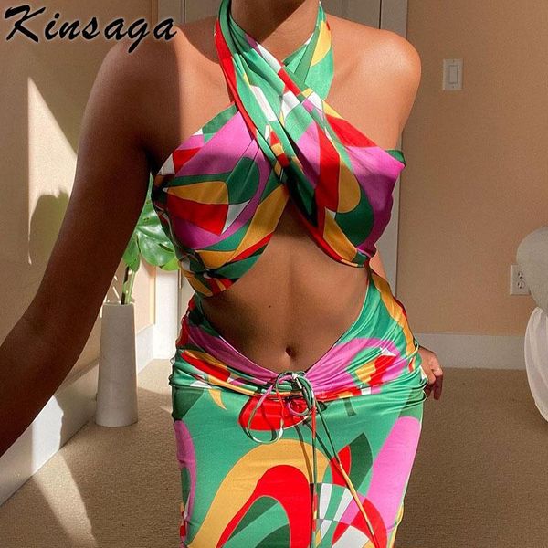 

women's two piece pants street graphic print strappy cross over bandage backless and ruched skirts 2 pieces beach sets summer vintage c, White