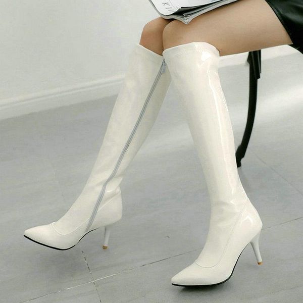 

boots 2021 women knee high patent pu leather thin heel pointed toe long zipper winter fashion booties big size 34-43, Black