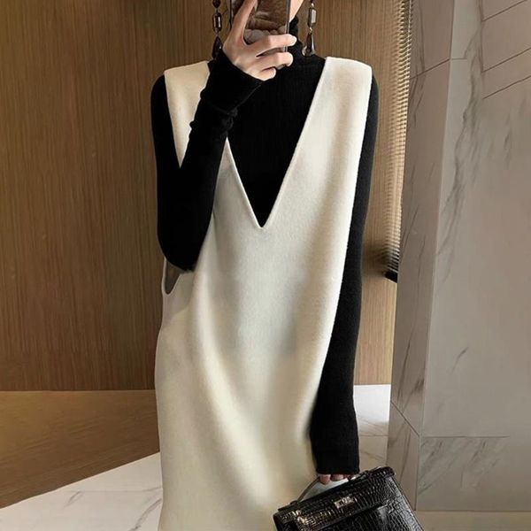 

casual dresses 2021 fashion office lady sweet elegant straight pullover single sleeveless mid-calf split women's dress fall, Black;gray