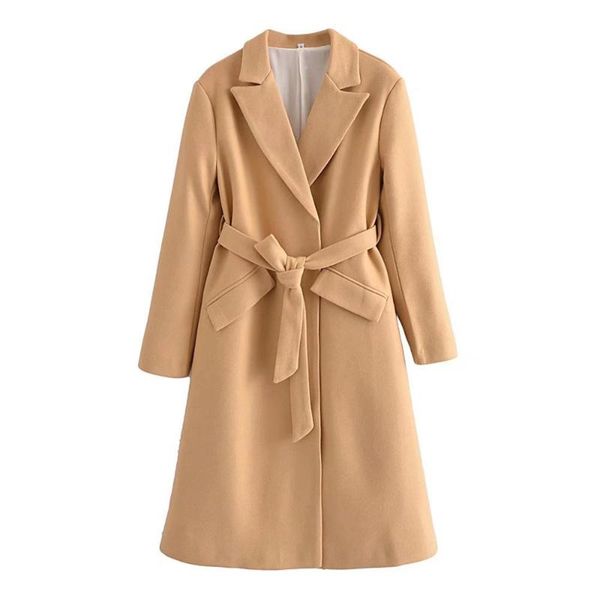 

women's wool & blends blsqr sashes solid coat women lapel fashion elegant outwear jackets female vintage chic straight lady 2021, Black