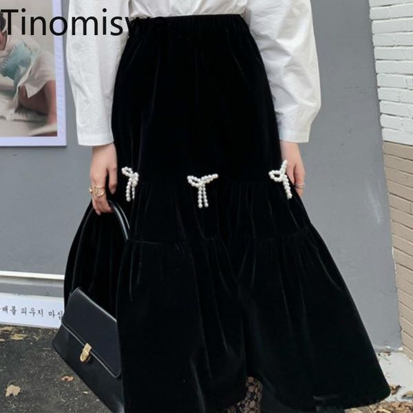 

tinomiswa bow knot skirts women harajuku velour stretch high waist lady jupe bottoms fashion casual mid -calf skirts femme a950, Black