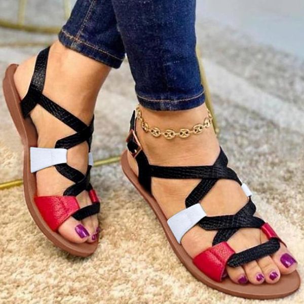 

sandals fashion summer women buckle strap open toe flat brelathabe ladies comfort bohemia beach shoes plus size mujer, Black