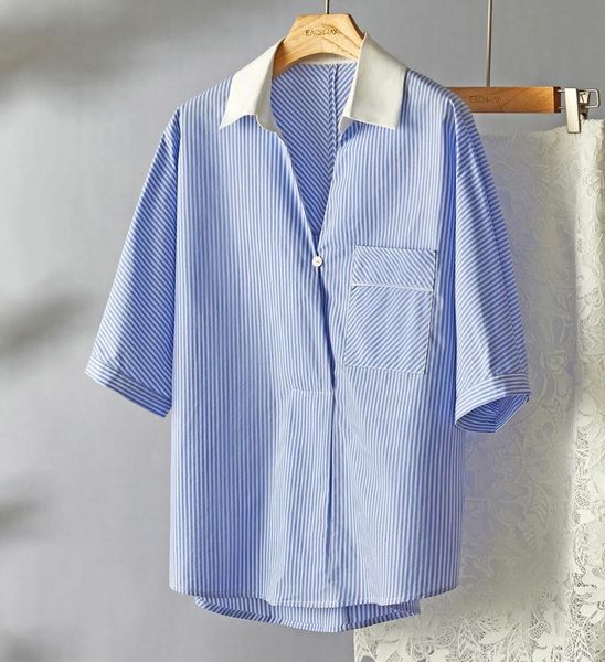 

women's blouses & shirts 2021 women fashion short-sleeved casual striped shirt 0617, White