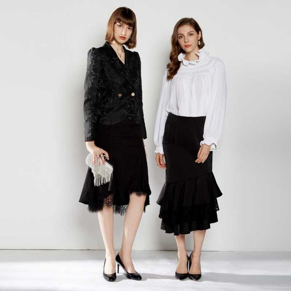 

skirts women fashion lace vintage patchwork ruffles high waisted slim irregular mid-calf skirt, Black