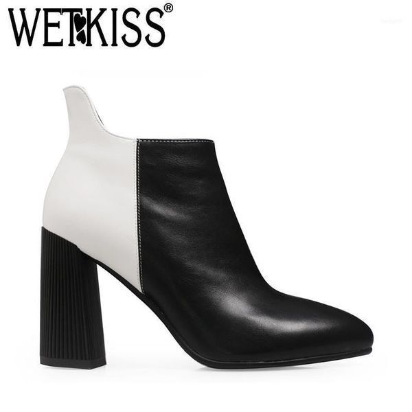 

boots wetkiss women chunky high heel pointed toe zipper spike heels booties winter short plush block ankle black white shoe11