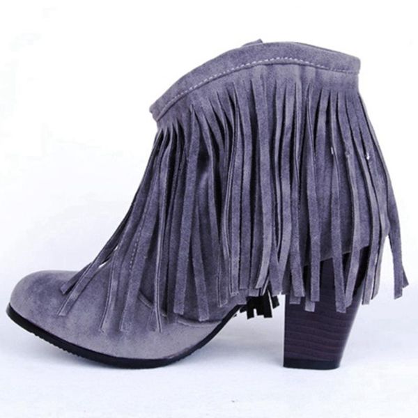 

boots sarairis leisure retro fashion women winter casual office ladies solid fringe round toe high heels shoes, Black