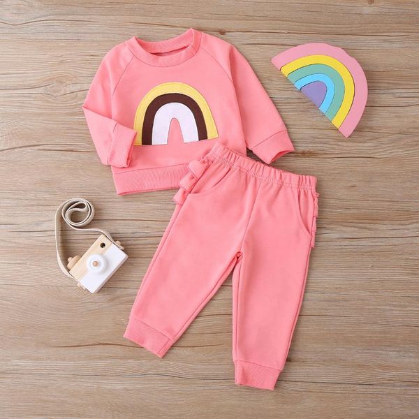 

clothing sets children cotton clothes baby girls rainbow long sleeve t shirt and pants 2pcs kids set, White