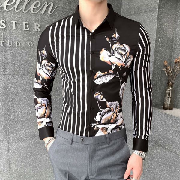 

fall of men striped slim fit shirts streetwear casual flower length shirt male business sot1, White;black