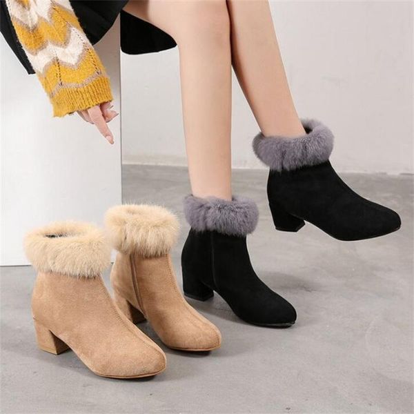 

boots women 2021 fashion snow for winter shoes casual pointed thick heel ankle botas mujer warm, Black