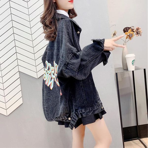 

women's jackets spring autumn denim jacket female korea bf loose all-match printed cowgirls coat women blue black, Black;brown