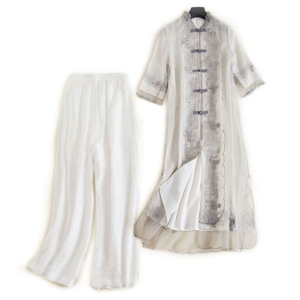 

luxury casual dresses 2021 dignified suit cardigan embroidered drs medium long cheongsam cotton linen wide leg pants two piece set 1406, Black;gray