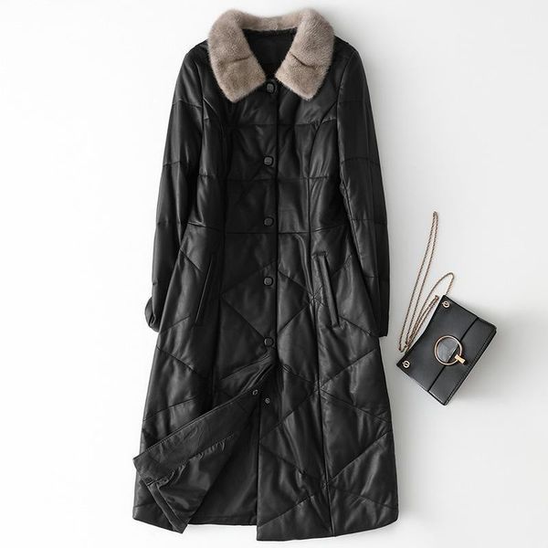 

haining collar sheep skin leather jacket lady's 2021 coat in a long women's & faux, Black