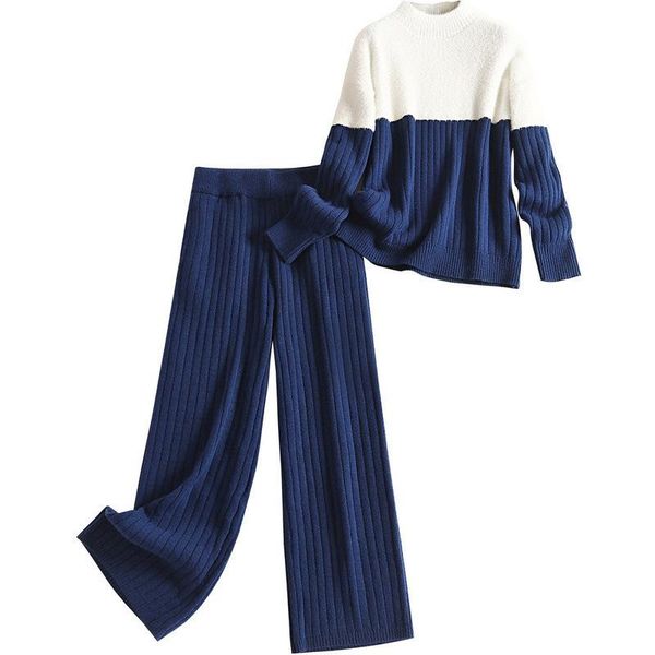 

women's two piece pants knitting female sweater pantsuit for women set knitted hit color long sleeve pullover + wide leg suit, White