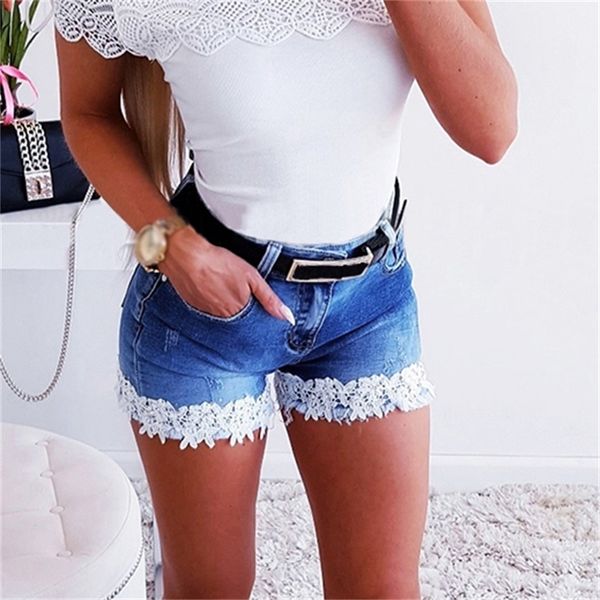 Shorts Frauen Sommer Casual Mittlere Taille Spitze Patchwork Zerrissene Dünne Jeans Frauen Streetwear Fashion Frauen Denim Kurze jean P30 T200608