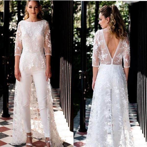 Jumpsuits Bohemian Lace Overskes Vestidos de Noiva Vestidos Bridais Appliques Manga Longa Vestidos de Novia