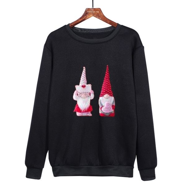 

autumn and winter plush leisure urban pullover printed round neck valentine's day dwarf pattern sweater, Black