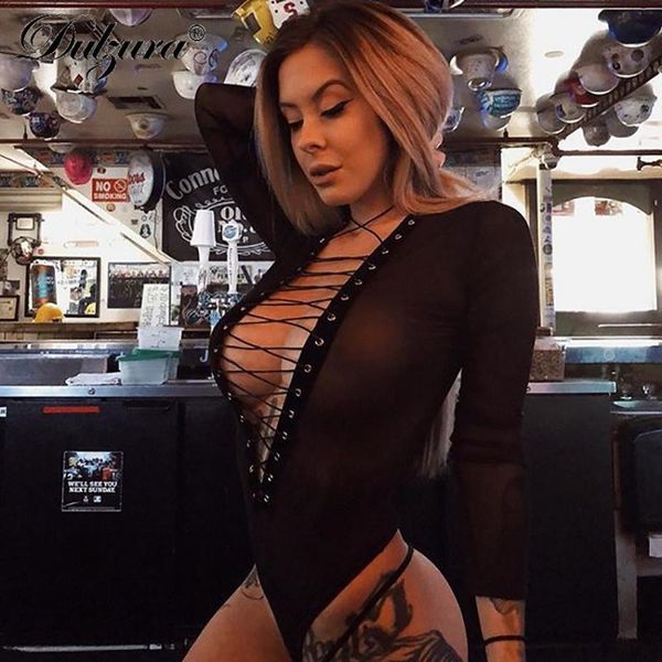 

women's jumpsuits & rompers dulzura see through mesh lace up long sleeve bodysuit 2021 autumn winter women deep v neck body suit, Black;white