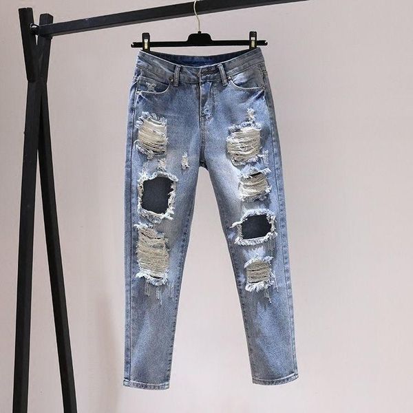 

women's jeans rotten pants bf loose baggy korean version hole beggars style summer versatile female harlan social capris versi, Blue