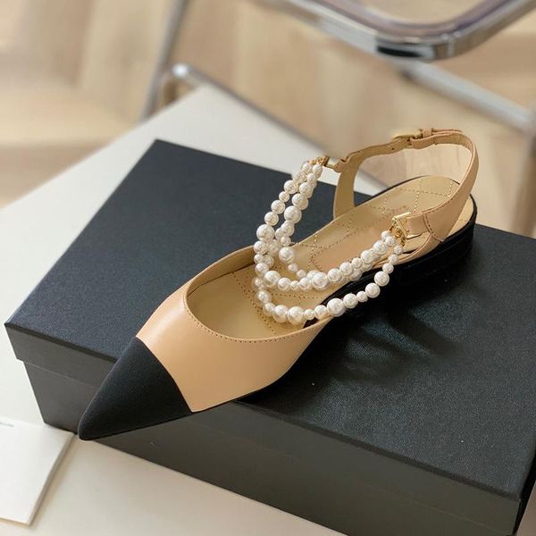 

sandals 2021 women leather and pearl chain roman sandal flat ballet shoes, Black