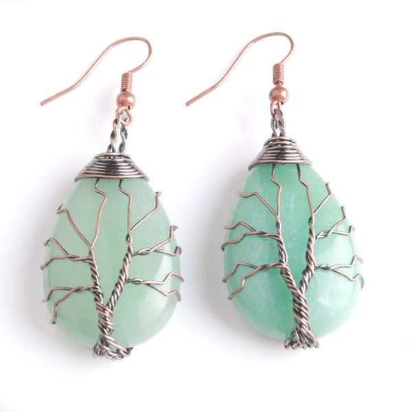 

wojiaer natural stone green aventurines water drop dangle earring drop earrings tree of life wire wrap earring jewelry dv9058, Silver