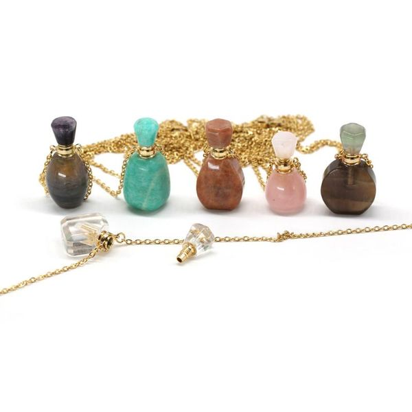 

pendant necklaces natural perfume bottle crystal stone necklace amazonite rose quartzs essential oil diffuser charm copper chain jewelry, Silver