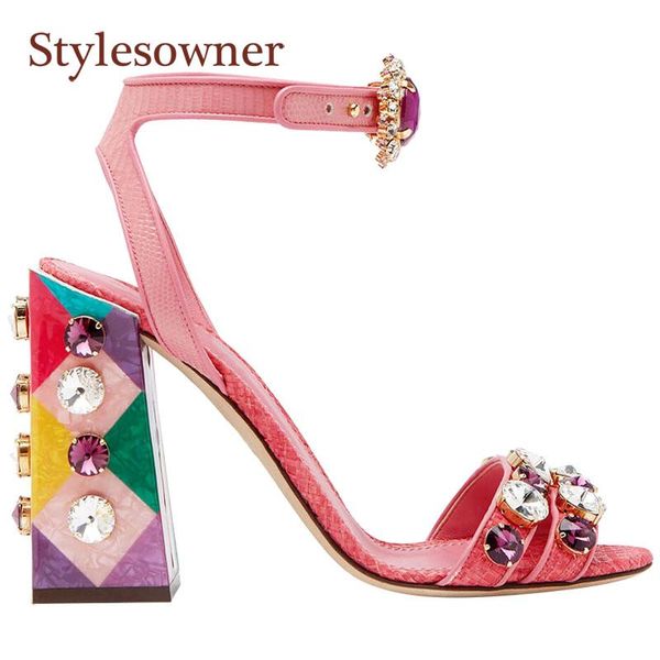 

sandals summer pink sheepskin word buckle rhinestone gemstone retro high heel open toe heels, Black