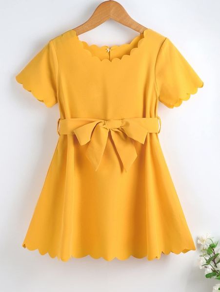 

toddler girls scallop trim belted dress she, Red;yellow