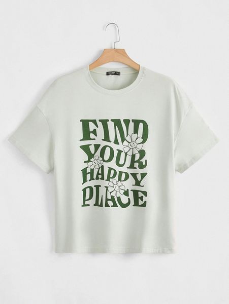 

plus slogan & floral print drop shoulder tee w1go#, Black