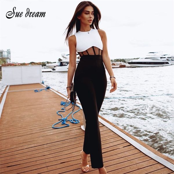 

autumn new sleeveless o-neck mesh patchwork bandage jumpsuit bodycon celebrity club party runway jumpsuit 210317, Black;white