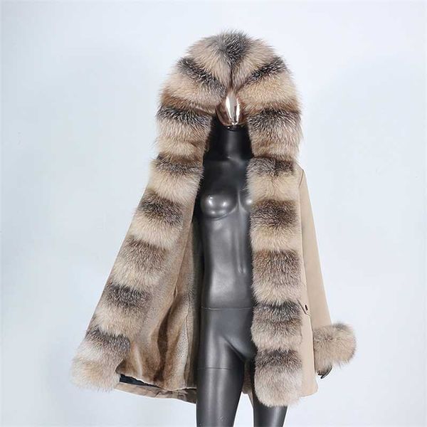 CXFS Su Geçirmez Kış Ceket Kadınlar Gerçek Kürk Doğal Gerçek Fox Rakun Kürk Kapüşonlu Uzun Parkas Giyim Ayrılabilir 210927