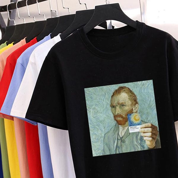 

modern girly style t shirt van gogh print ropa mujer fashion women shirt comfortable breathable casual o neck multicolor tshirt, White