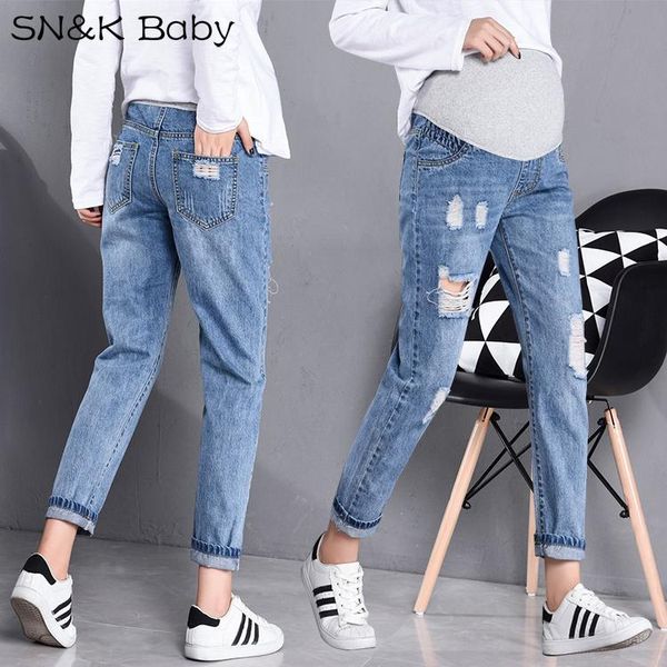 

maternity bottoms 2021 spring autumn pregnant women korean style jeans with holes loose denim trousers casual belly pants ripped, White