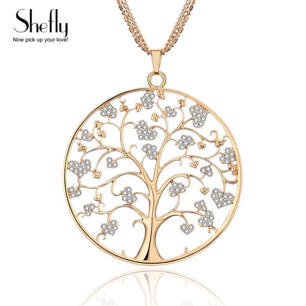 

pendant necklaces big round tree of life with heart cz crystal for women long necklace sweater chain accessory luxu jewelry gift, Silver