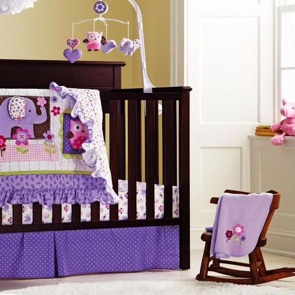 

embroidery 3d cartoon animal and letter baby bedding sets pure cotton purple 5items contains baby quilt bed around fitted cover