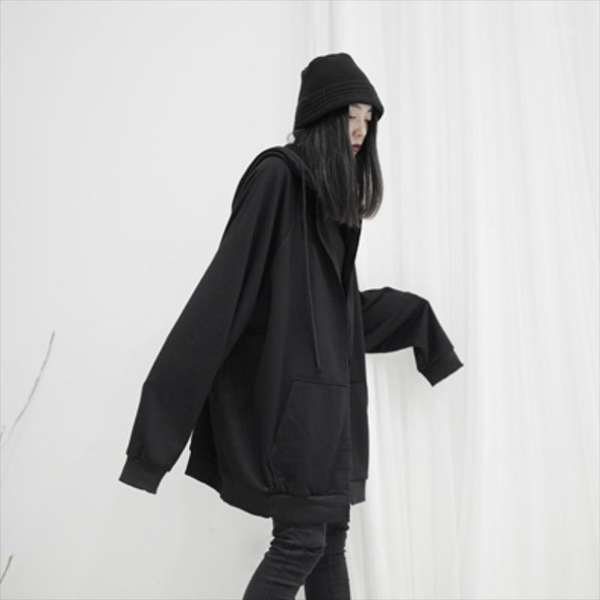 

women's wool & blends fall style ladies loose big pocket black hoodie women casual youth fashion trend zipper cardigans