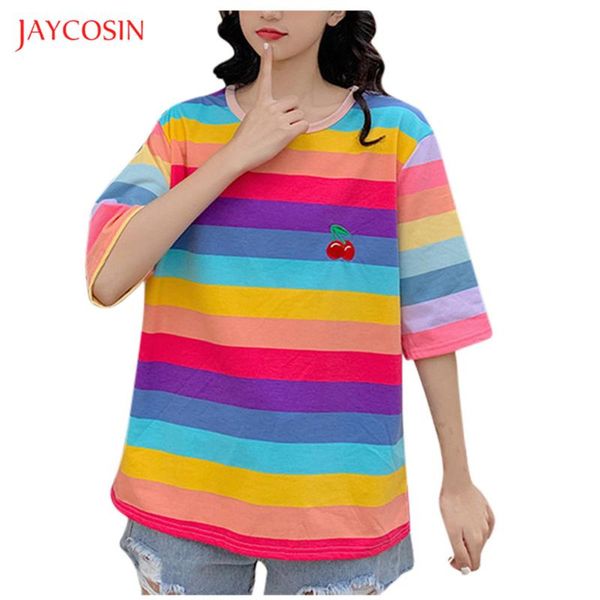 

women's t-shirt jaycosin tee shirt rainbow color striped t women casual o-neck loose harajuku summer short sleeve drop, White
