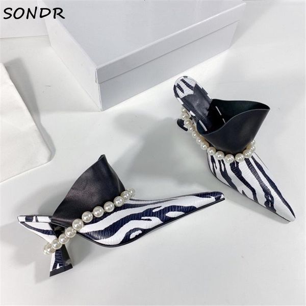 

slippers fashion zebra prints pearl decor ladies women slip on high heel mules sandals 2021 pointed toe kitten heels shoes woman, Black