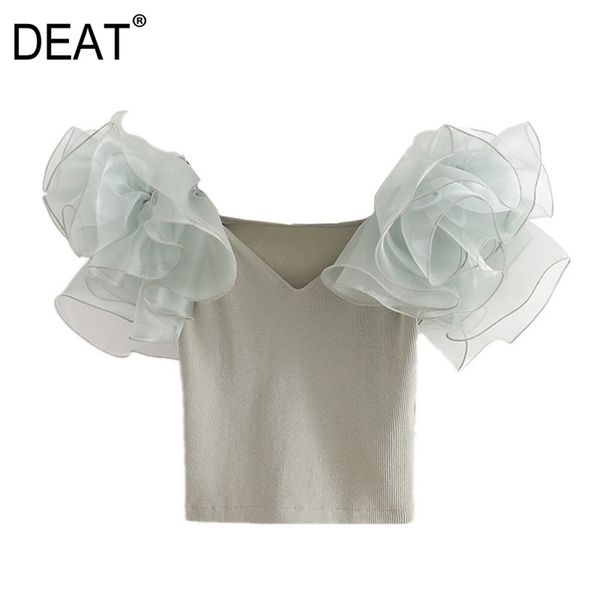 

[deat] solid color v-neck short sleeve organza temperament elegant women's t-shirt summer fashion 13c159 210527, White