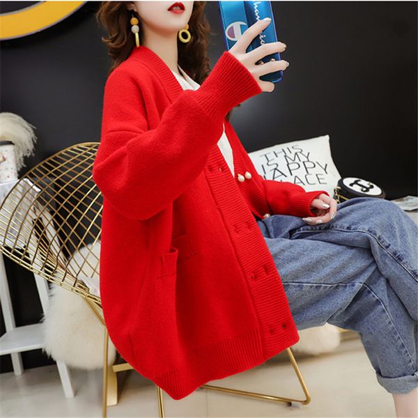 

women's sweaters loose cardigan with korean pearl button, winter women pockets autumn red pink yellow sweater knitted jacket women&#039, White;black
